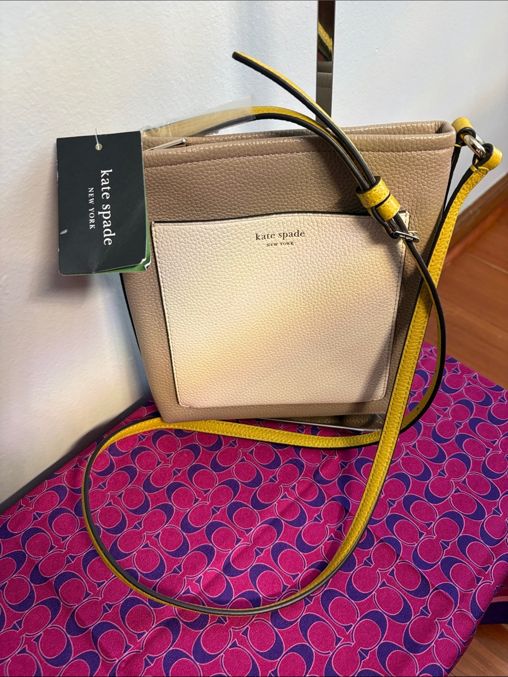 kate spade Beige and Yellow Pebbled Leather Crossbody
